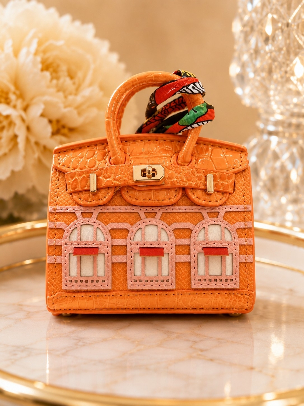Orange Mini Croc-Embossed Window Appliqué Top-Handle Bag